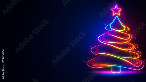 Neon light illustration of colorful Christmas tree on dark background  