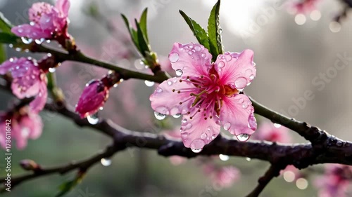 Close-up of delicate pink peach blossoms and buds on a dew-kissed branch in soft morning light, fresh spring beauty.
