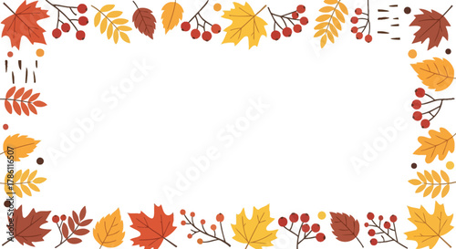 Autumn frame with colorful leaves and berries