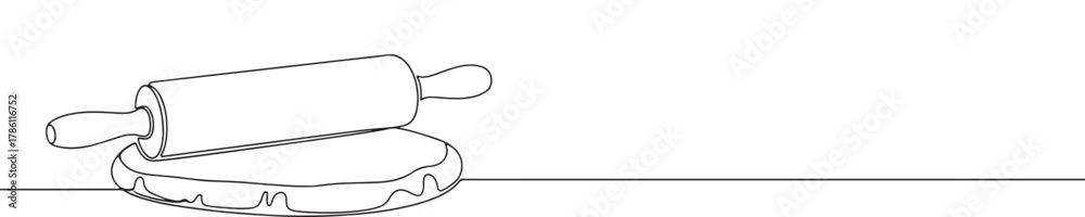 Obraz premium Continuous one line drawing of rolling pin and dough. Concept of baking, cooking and homemade food