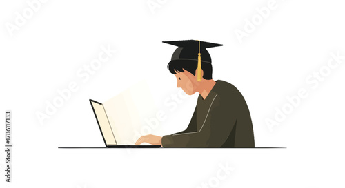 A student wearing a graduation cap and gown studies on a laptop computer in a minimalist illustration