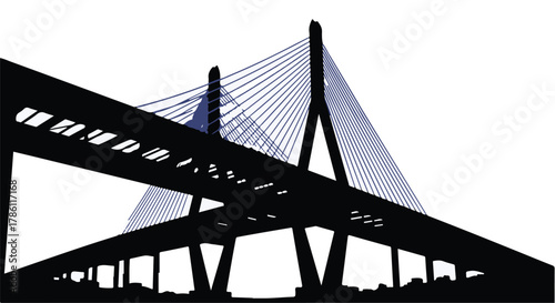 Modern suspension bridge silhouette against a bright sky, showcasing impressive engineering and urban connectivity.