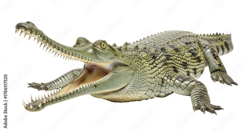 Fototapeta premium Gharial reptile with open mouth and sharp teeth isolated on a transparent background crocodile alligator