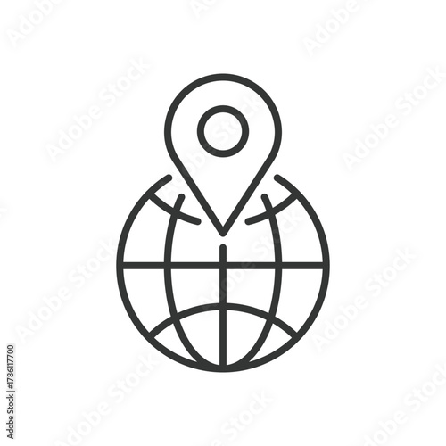 A black and white graphic depicting a location pin icon above a globe