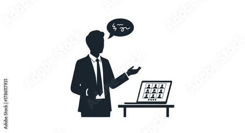 Silhouette of a businessman in a suit giving a presentation on a laptop screen during a video conference call