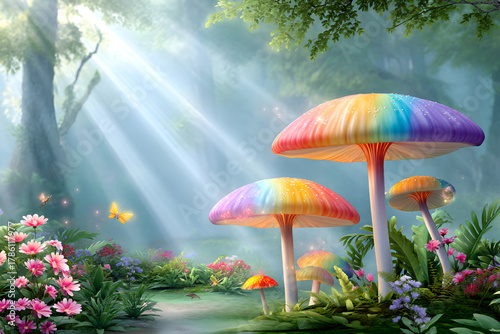 Whimsical rainbow mushrooms in enchanted forest with sunlight and butterflies