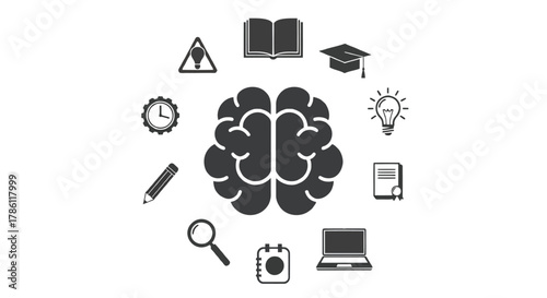 Central brain icon surrounded by educational and learning symbols representing knowledge ideas and critical thinking