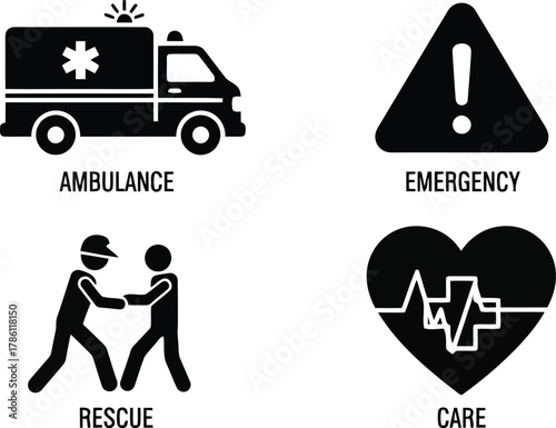 Collection of medical and emergency service icons ambulance, warning, rescue, and care, isolated on white background.