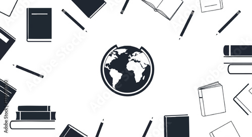 Global education concept with books and pencils arranged around a central earth icon