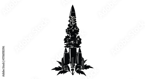 Futuristic rocket blasting off with fiery exhaust and smoke