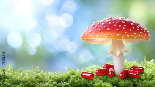 Amanita mushroom with red capsules on lush green moss background, microdosing