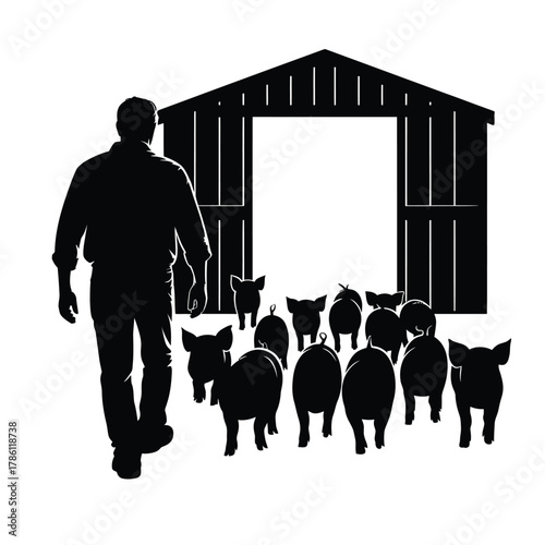 Farmer leading a herd of pigs into a barn at sunset