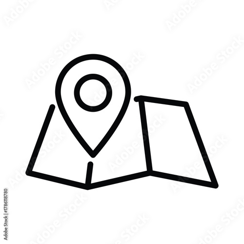 A black and white map icon with a location marker