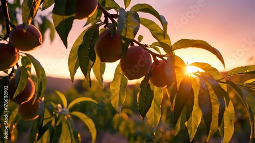 Peach tree branch laden with ripening peaches and green leaves, beautifully backlit by a warm golden sunset glow.
