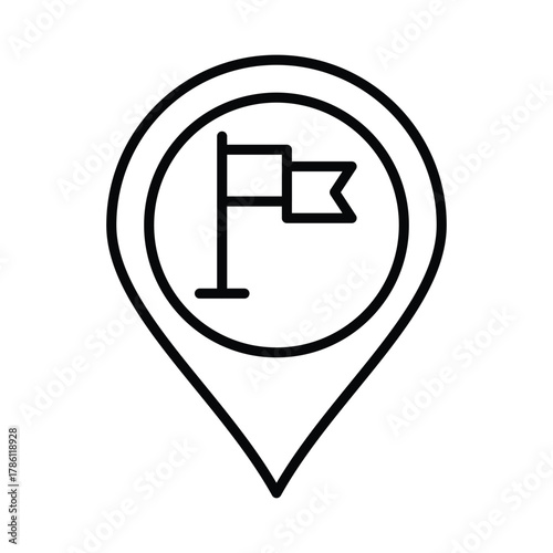 A black and white map marker icon featuring a flag within a circular frame set in a teardrop shape