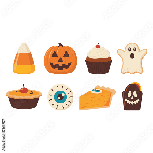 Halloween themed food and treats including pumpkin pie cupcake candy corn ghost cookie and eyeball vector