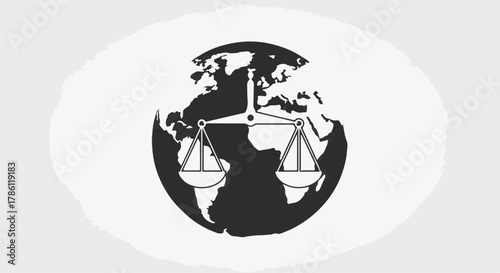 Symbol of global justice and equality represented by scales of justice superimposed on a stylized Earth.