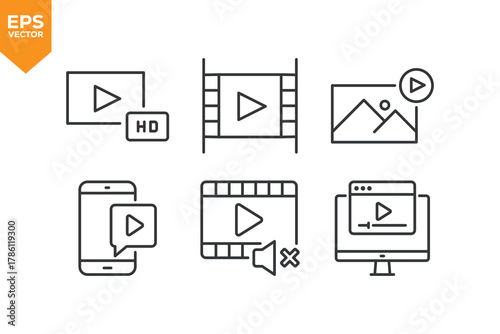 Set of line icons Video, Movie, Cinema. Outline icons collection stock illustration stock illustration