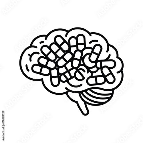 Illustration of a brain filled with pills and capsules