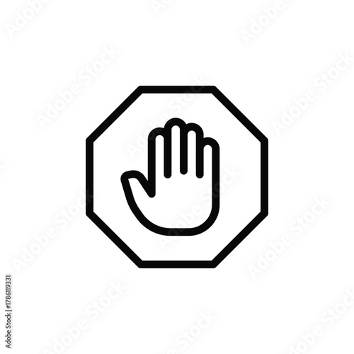 A black and white stop hand symbol inside a black octagon shape