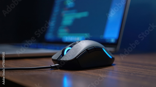 Modern wired gaming mouse with blue glow on a desk with laptop