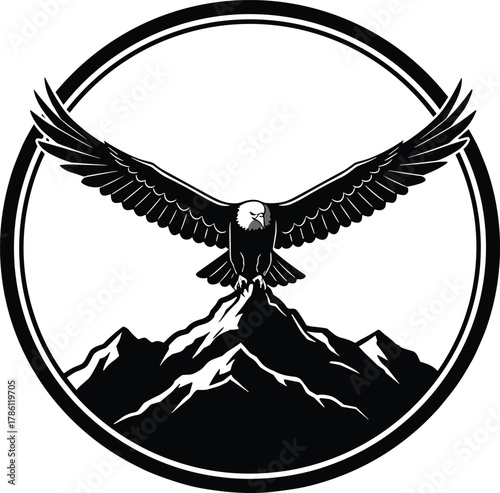 Eagle emblem icon vector—stylized frontal eagle with mountain and circular frame for strength, freedom, and nature branding visuals 