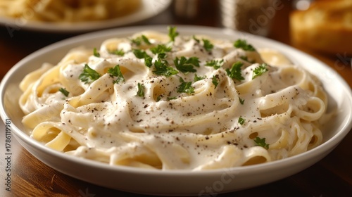 Close-up of creamy pasta dish with green garnish on a white plate, side view