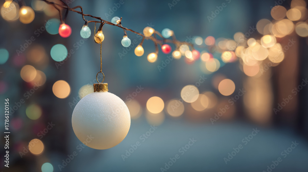 Fototapeta premium A white Christmas ornament hanging from a string of colorful lights