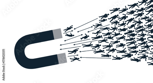 A large horseshoe magnet attracts a stream of silhouetted people towards its poles symbolizing attraction and influence