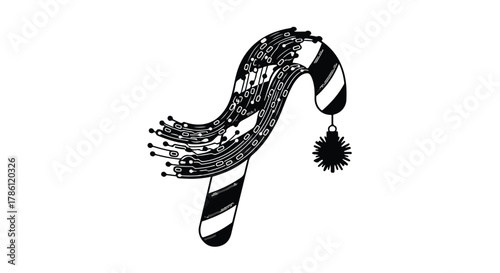 Whimsical candy cane illustration with intricate circuit board design and festive pompom detail