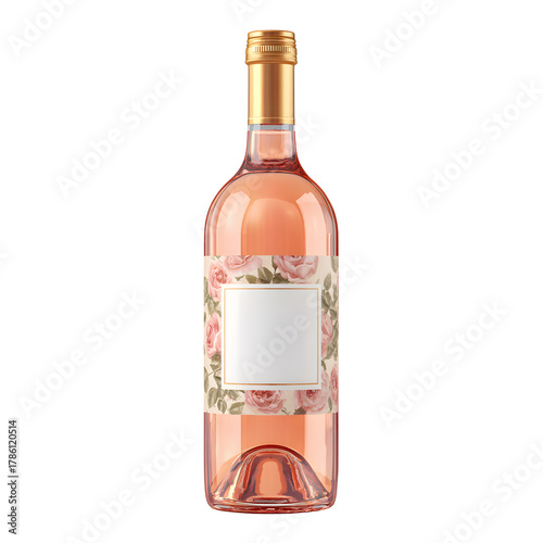 Elegant Rose Wine Bottle with Blank Label Isolated on White Background