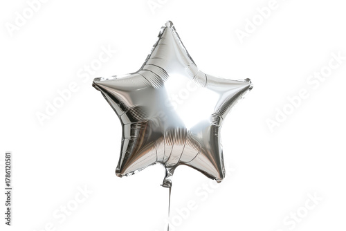 Silver star shaped foil balloon isolated on transparent background. Silver star helium balloon isolated on white background.