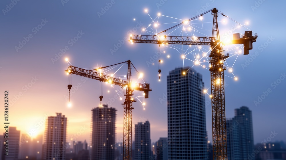 Fototapeta premium Smart Construction Cranes with Digital Network Connections Over a Modern Cityscape at Twilight