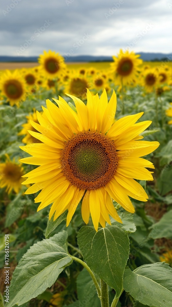 Fototapeta premium Vibrant sunflower field under cloudy skies, showcasing a bright yellow bloom in sharp focus with a blurred landscape of golden flowers in the background