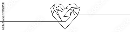 Geometric heart in one line art style. Drawing of a heart in origami or low poly technique with editable black stroke on a white background. Vector illustration.