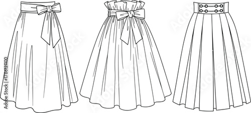Long skirt silhouette, fashion design, pleated styles, bow waistband, button detail, black vector, sewing pattern, clothing icon, elegant, trendy