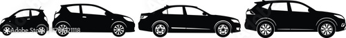 Car silhouette lineup, vehicle size comparison, compact to SUV, black vector, side view, automotive icon, transport, modern, minimal, design