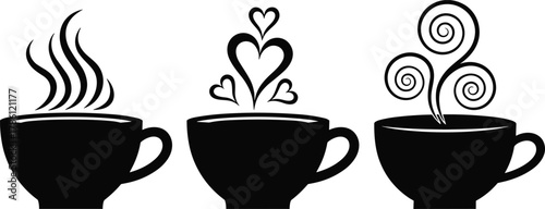 Coffee cup silhouette, steam icons, heart shapes, spiral design, black vector, minimalist style, hot drink, café branding, love, warmth