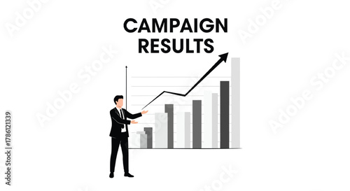 Businessman presenting positive campaign results with a rising bar graph and upward trending line chart