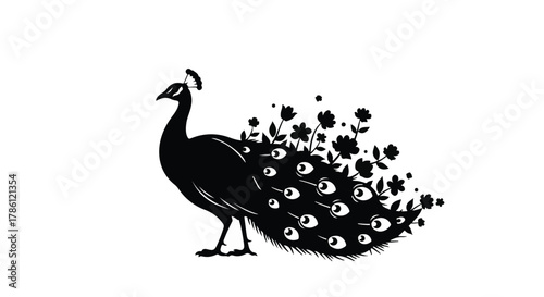 Elegant black peacock with floral tail feathers symbolizing beauty and nature's artistry.