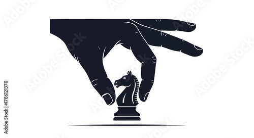 Silhouette of a hand holding a dark chess knight piece symbolizing strategy and decision making in a game