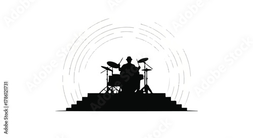 Silhouette of a drummer performing on a stage with radiating sound waves