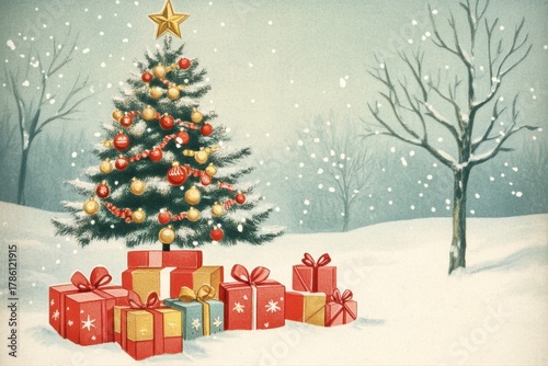 Christmas tree with gifts in snow