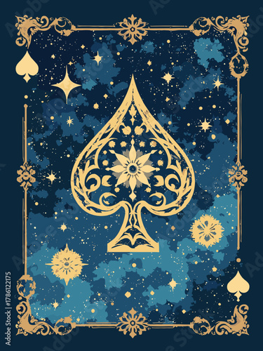 8 of Spades — octet of spades woven into a lace of celestial filaments, gilt halo accents