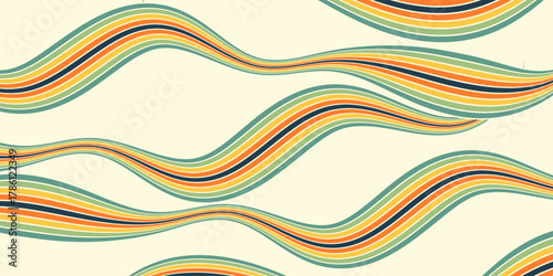 	
Abstract background of rainbow groovy Wavy Line design in 1970s Hippie Retro style. Vector pattern ready to use for cloth, textile, wrap and other.