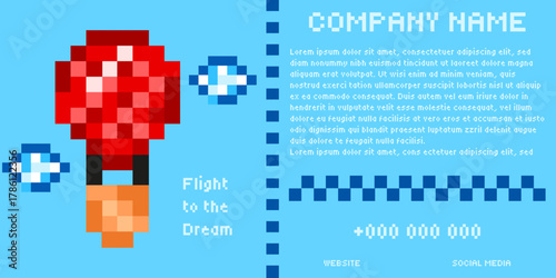 Pixel art Hot air balloon flights company business vector banner template design. Romantic journeys in the air concept. Pixel art hot air balloon clouds and branding text. EPS 10