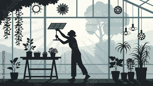 Silhouette of a woman adjusting a solar panel in a greenhouse filled with plants and decorations