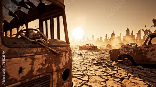 Post-apocalyptic desert landscape with abandoned, rusty vehicles and cracked earth under a dramatic sunset, end of world scenario.