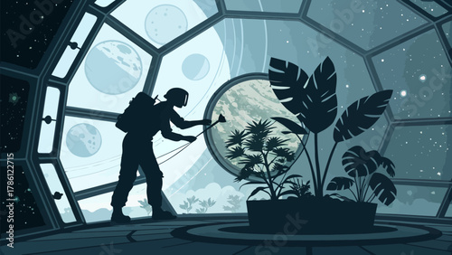 Silhouette of astronaut tending to plants in a space station greenhouse with planets visible outside