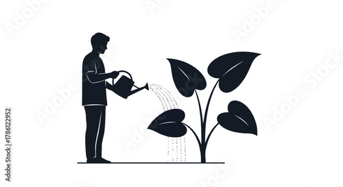 Silhouette of a person watering a large leafy plant with a watering can symbolizing growth and care